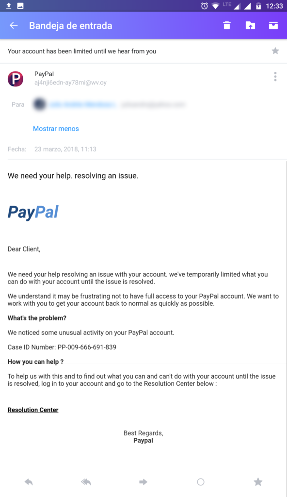 Mensaje de sitio web que quiere suplantar a PAYPAL